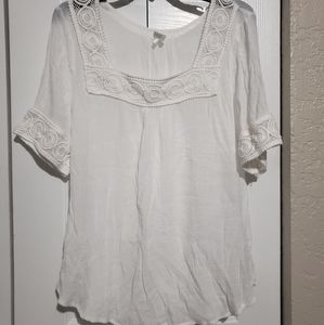 White Gauze Top w/ Crochet Neckline